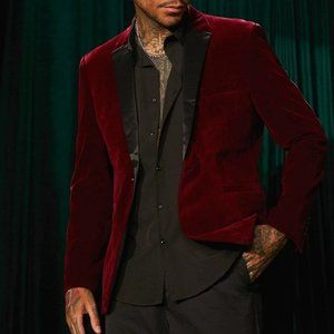 Party Style Men 1pc Velvet Blazer - Burgundy